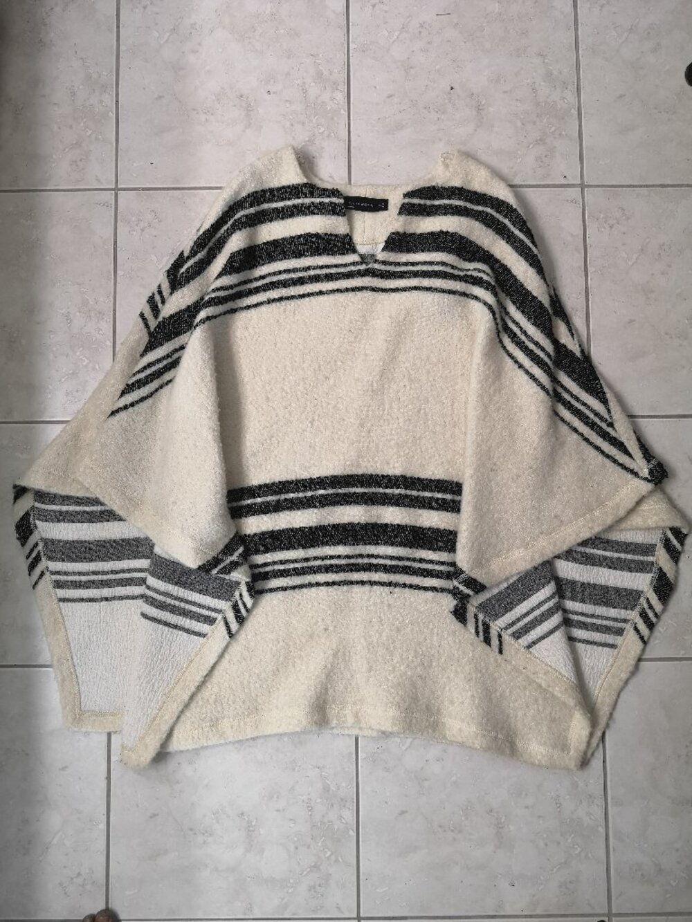 Vintage Women's Cream and Black Striped Draped Poncho Shawl